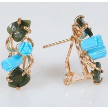 Серьги с бирюзой и нефритом "2 розы 2 листа"