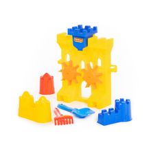 Набор №466: песочная мельница Крепость, лопатка №5, грабельки №5, формочки (замок мост + замок башня + замок стена с двумя башнями)