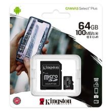 Карта памяти Micro SDXC 64Gb Kingston Class 10 Canvas Select + UHS-I U1 A1, 100 Мб с + адаптер SD