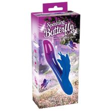 Вибростимулятор с клиторальной бабочкой и подсветкой Sparkling Butterfly - 19,4 см. синий с сиреневым