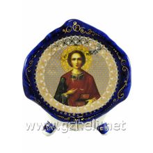 Тарелка с иконой на ножках "Великомученик Пантелеймон". Гжельский фарфор. арт. 3534