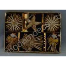 Новогоднее подвесное украшение из соломки (снежинки, шишки, сердца, звезды), 6-8см, декорировано глиттером (набор из 11 шт. в картонной коробке)