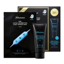 JMsolution Hyal Cactus+Resurrection Plant+Seaweed Mask Набор для лица с кактусом и водорослями из 11 тканевых масок и пенки для умывания, 30мл*11шт+100мл