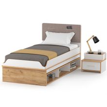 Нижегородмебель и К Кровать с ящиками и тумбочкой Вуди цвет белый премиум дуб крафт золотой ID - 295625