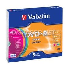 DVD-R диск 16х Verbatim 4.7 Гб Slim Сolor. 5 дисков