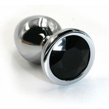 Серебристая алюминиевая анальная пробка с чёрным кристаллом - 6 см. Черный