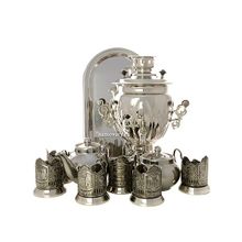 Набор "Серебряная фантазия": самовар электрический 3 литра никелированный с подстаканниками "Вокзалы Москвы", арт. 130450п