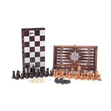 Игра 3в1 малая венге, рисунок серебро с гроссмейстерскими буковыми шахматами (нарды, шахматы, шашки) (396-19)