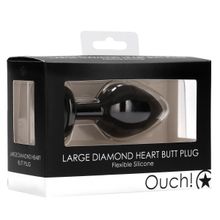 Shots Media BV Черная анальная пробка с прозрачным стразом Large Ribbed Diamond Heart Plug - 8 см. (черный)