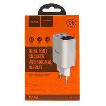 Сетевое зарядное устройство c 2 USB HOCO C63A digital display,2.1A белое