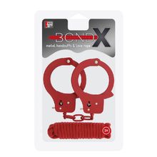 Красные наручники из листового металла в комплекте с веревкой BONDX METAL CUFFS LOVE ROPE SET