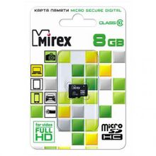 Карта памяти Micro SDHC 8Gb Mirex Class 10 без адаптера (13612-MC10SD08)