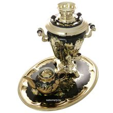 Самовар электрический 3 литра с чайником и подносом, роспись "Золотые цветы на черном фоне" с автоотключением, арт. 161656а