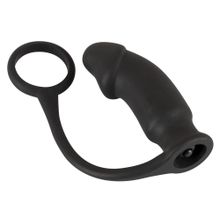 Чёрное эрекционное кольцо на пенис и мошонку с анальной вибровтулкой для усиления ощущений Черный