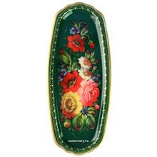 Поднос Жостово "Цветы на зеленом" овальный малый, арт. 8180