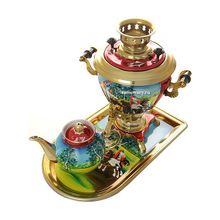 Набор самовар электрический 2 литра с чайником художественная роспись "Тройка летняя", арт. 141413