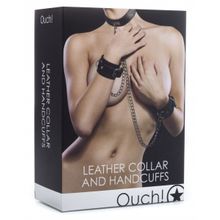  Чёрный комплект для бондажа Leather Collar and Handcuffs