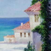Картина на холсте маслом "Солнечный городок на берегу моря"