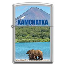 Зажигалка серебристая матовая Zippo Камчатка с покрытием Satin Chrome