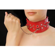 Красный кожаный ошейник с клёпками и шипами (48418)