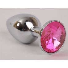 Серебряная металлическая анальная пробка с розовым стразиком - 9,5 см. Розовый