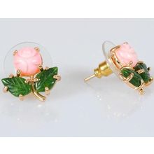 Серьги с кораллом и нефритом "1 резная роза 7мм 2 листа"