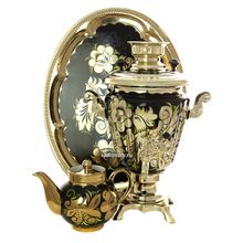 Самовар электрический 3 литра с чайником и подносом, роспись "Золотые цветы на черном фоне" с автоотключением, арт. 161656а