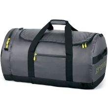 Большая серая непромокаемая сумка DAKINE CREW DUFFLE 90L CHARCOAL с регулируемым ремнём и молниями салатового цвета