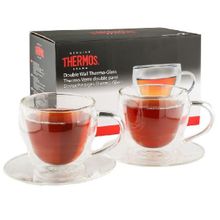 Набор кружек из двойного стекла с блюдцем  2x0,3л Thermos Double-wall Glass Mug With Dish