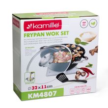 Казан чугунный "Wok", с антипригарным мраморным покрытием, с крышкой, с лопаткой с сеткой и 2 палочками, 5,6 L