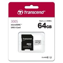 Карта памяти Micro SDXC 64Gb Transcend 300S Class 10 UHS-I U1+ адаптер SD (TS64GUSD300S-A)