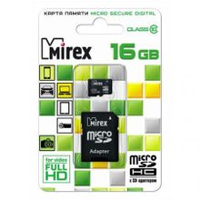 Карта памяти Micro SDHC 16Gb Mirex Class 10 + адаптер SD (13613-AD10SD16)