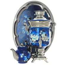 Набор самовар электрический 3 литра "Жостово на синем" с автоматическим отключением при закипании, арт. 130588к