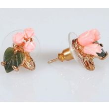 Серьги с кораллом и нефритом "3 розы 1 лист"