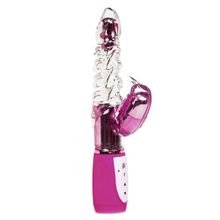 Прозрачный вибромассажёр с розовым клиторальным стимулятором и вращающейся головкой LUXE HUGS AND KISSES - 26 см. Розовый