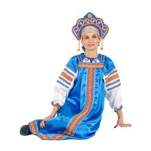 Русский народный костюм для женщины атласный комплект васильковый "Василиса": сарафан и блузка, XS-L