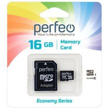 Карта памяти Micro SDHC 16Gb Perfeo Economy series Class 10 + адаптер SD (PF16GMCSH10AES)