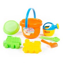 Набор №230: ведро большое, ситечко, совок №2, грабельки №2, формочки (самосвал + паровоз), лейка малая №4