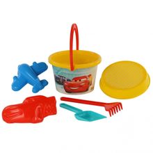 Набор Disney Pixar «Тачки» №11: ведро среднее с наклейкой, ситечко, лопатка, грабельки, формочки (Молния Маккуин + самолёт)