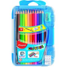 Карандаш цветной COLORPEPS, плактиковый пенал,12 цветов + точилка + ластик + черный грифельный карандаш