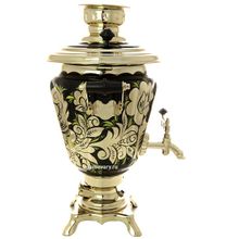 Самовар электрический 3 литра с чайником и подносом, роспись "Золотые цветы на черном фоне" с автоотключением, арт. 161656а