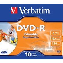 Verbatim Диски DVD-R  16-x, 4.7 Gb, Printable Jewel Case, 10шт. 43521