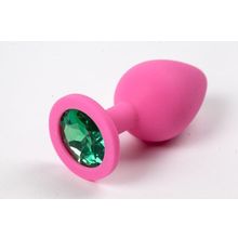 Розовая силиконовая анальная пробка с зеленым стразом - 8,2 см. Зеленый