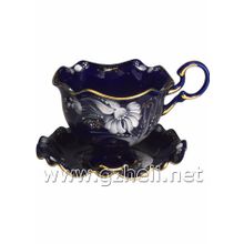 Чайная пара в глухом кобальте "Снежинка". Гжельский фарфор. арт. 1311