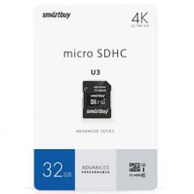 Карта памяти Micro SDHC 32Gb SmartBuy Class 10 U3 V30, 90 55 Мб с + адаптер SD (SB32GBSDU1A-AD)