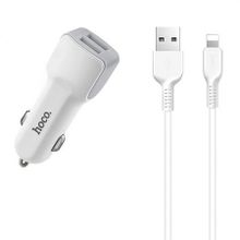 Зарядное автомобильное устройство Hoco Z23 2.4A 2xUSB + кабель Lightning, белое