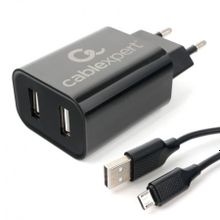 Зарядное устройство Cablexpert MP3A-PC-35 110 220V->5V, 2.4A 2xUSB + кабель Micro USB, черное