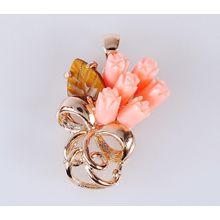 Кулон с кораллом и тигровым глазом "6 роз лист бант"