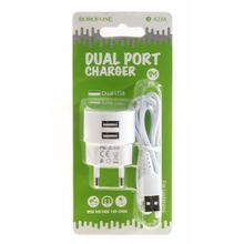Сетевое зарядное устройство c 2 USB Borofone, BA23A, белое, Lightning