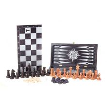 Игра 3в1 малая черная, рисунок серебро с гроссмейстерскими буковыми шахматами (нарды, шахматы, шашки (394-19)